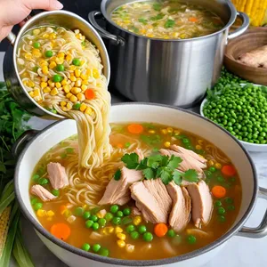 Рецепт Куриный суп-лапша с кукурузой и зеленым горошком - Добавление лапши и овощей