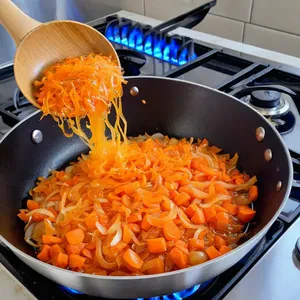 Рецепт Куриный суп-лапша с цукини и чесноком - Обжарка лука и моркови