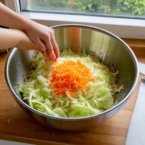Рецепт Квашеная капуста с облепихой и душистым перцем - Смешивание овощей с солью