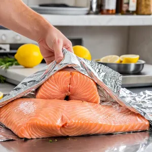 Рецепт Лосось в фольге с лимоном и розмарином - Заворачивание в фольгу