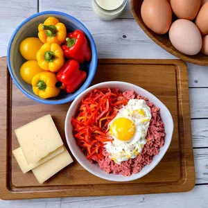 Рецепт Мясная запеканка с болгарским перцем и сулугуни - Подготовка ингредиентов