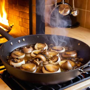 Рецепт Мясная запеканка с шампиньонами и эмменталем - Обжарка лука, чеснока и шампиньонов