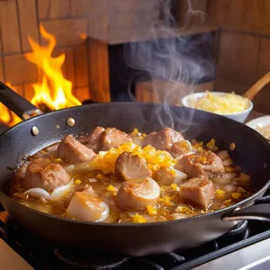 Рецепт Мясной пирог с кроликом и оливками - Обжарка мяса и лука