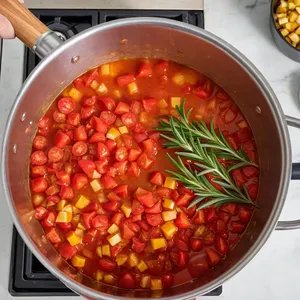 Рецепт Минестроне с беконом и розмарином - Введение томатов и розмарина