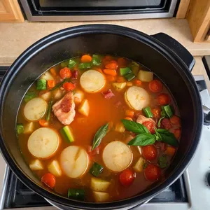 Рецепт Минестроне с беконом и розмарином - Заливка бульоном и варка