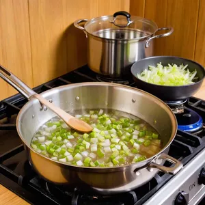 Рецепт Минестроне с копченым лососем и укропом - Обжарка лука, чеснока и сельдерея