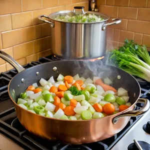 Рецепт Минестроне с радужной фасолью и капустой кале - Обжарка овощной основы