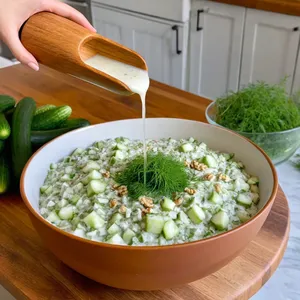 Рецепт Огуречный таратор с укропом и грецкими орехами - Смешивание ингредиентов