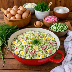 Рецепт Окрошка на кефире с колбасой - Сборка окрошки