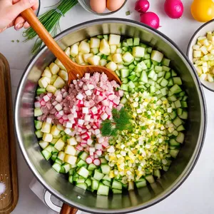 Рецепт Окрошка на квасе с говядиной - Сборка окрошки