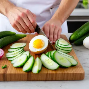 Рецепт Окрошка на квасе с копчёной форелью - Нарезка овощей и зелени