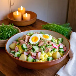 Рецепт Окрошка на квасе с копчёной курицей - Смешивание ингредиентов