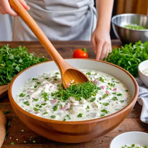 Рецепт Окрошка на квасе с копчёной курицей - Соединение заправки с основой