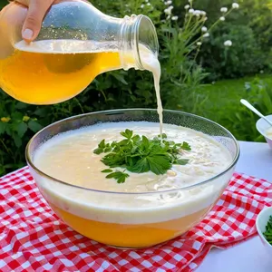 Рецепт Окрошка на квасе с копчёной курицей - Добавление кваса