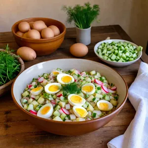 Рецепт Окрошка на квасе с копчёной треской - Смешивание ингредиентов
