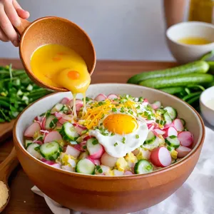 Рецепт Окрошка на квасе с копчёной уткой - Смешивание ингредиентов