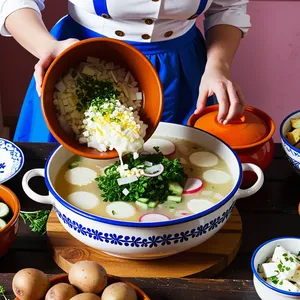 Рецепт Окрошка на квасе с копчёным омулем - Сборка окрошки