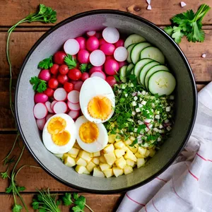 Рецепт Окрошка на квасе с копчёным осетром - Сборка окрошки