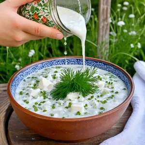 Рецепт Окрошка на квасе с копчёным сигом - Подача окрошки