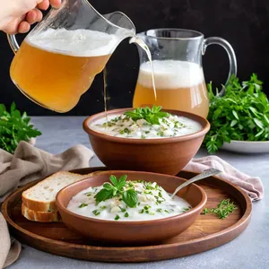 Рецепт Окрошка на квасе с копчёным судаком - Заливка квасом