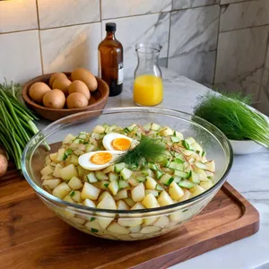 Рецепт Окрошка на квасе с копчёным угрём и грушей - Нарезка и смешивание ингредиентов