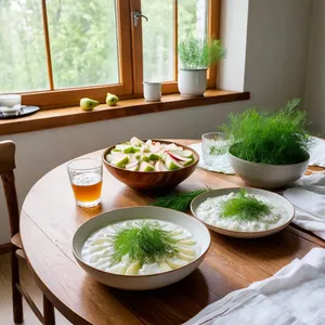 Рецепт Окрошка на квасе с копчёным угрём и грушей - Подача