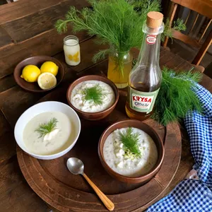 Рецепт Окрошка на квасе с копчёным угрём и грушей - Подача