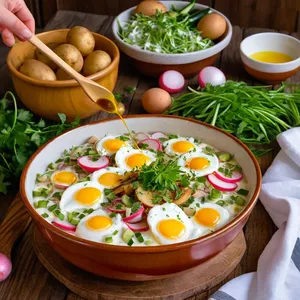 Рецепт Окрошка на квасе с копчёным угрём - Смешивание ингредиентов