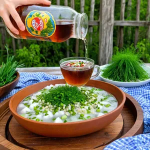 Рецепт Окрошка на квасе с копчёным угрём - Заливка квасом