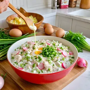 Рецепт Окрошка на минералке с курицей - Смешивание ингредиентов