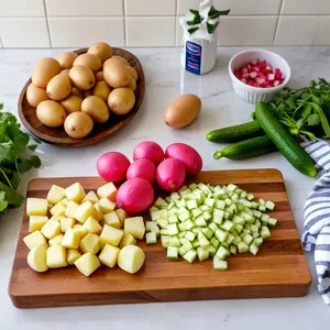Рецепт Окрошка на пахте с копчёной скумбрией - Подготовка овощей и яиц