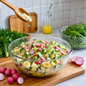 Рецепт Окрошка на пахте с копчёной скумбрией - Сборка окрошки