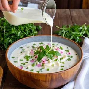 Рецепт Окрошка на пахте с копчёной скумбрией - Заливка пахтой и подача