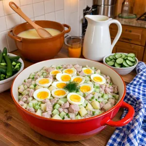 Рецепт Окрошка на сыворотке с индейкой - Сборка окрошки