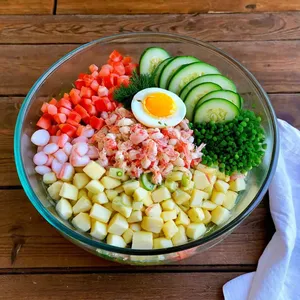Рецепт Окрошка на тане с крабовыми палочками - Сборка окрошки