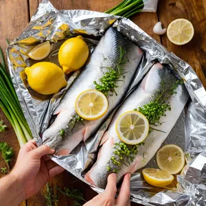 Рецепт Окунь в фольге с лимоном и зеленым луком - Начинка и заворачивание в фольгу