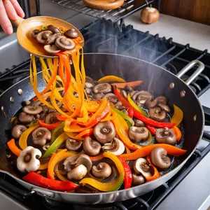 Рецепт Овощное рагу с грибами и картофелем - Обжарка грибов и перца