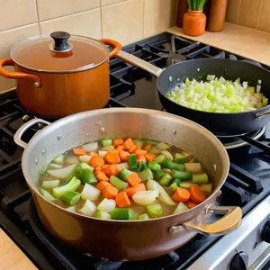 Рецепт Овощной бульон с корнем ревеня и мелиссой - Обжарка овощей