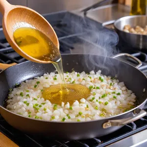 Рецепт Овощной плов с брокколи и кедровыми орешками - Обжарка лука и чеснока
