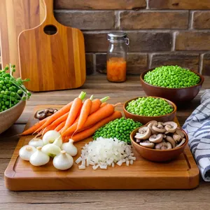 Рецепт Овощной плов с шампиньонами и зеленым горошком - Подготовка ингредиентов