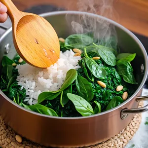 Рецепт Овощной плов с шпинатом и кедровыми орешками - Добавление шпината и орехов