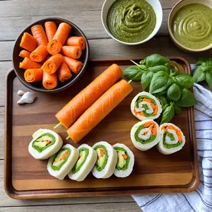 Рецепт Овощные роллы с морковью и огурцом в соусе песто - Подача