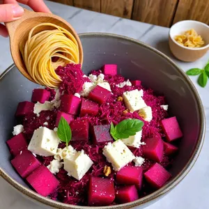 Рецепт Паста из запеченной свеклы с козьим сыром и грецкими орехами - Сборка блюда