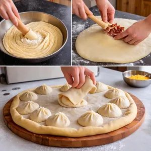 Рецепт Пельмени с копченой грудинкой и чеддером в пикантном сырном соусе - Формирование пельменей