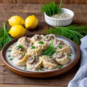 Рецепт Пельмени с перепелкой и лесными грибами в сливочно-шампиньоновом соусе - Подача блюда