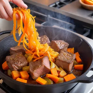 Рецепт Плов с бараниной и шелковицей - Обжарка мяса и овощей
