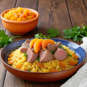 Рецепт Плов с бараниной и сушеными персиками - Перемешивание и подача