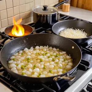 Рецепт Потаж из белых грибов с пармезаном и розмарином - Обжарка лука и чеснока