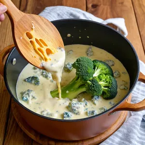 Рецепт Потаж из брокколи с голубым сыром и грецкими орехами - Добавление сливок и сыра