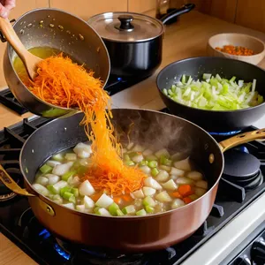 Рецепт Потаж из копченой курицы с сельдереем и плавленым сыром - Обжарка овощей